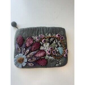 Rising Tide Handcrafted Wool Flower Pouch Clutch Wristlet Applique Stitched